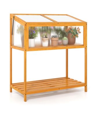 Wood Cold Frame Greenhouse with Transparent Openable Roof and Slatted Storage Shelf
