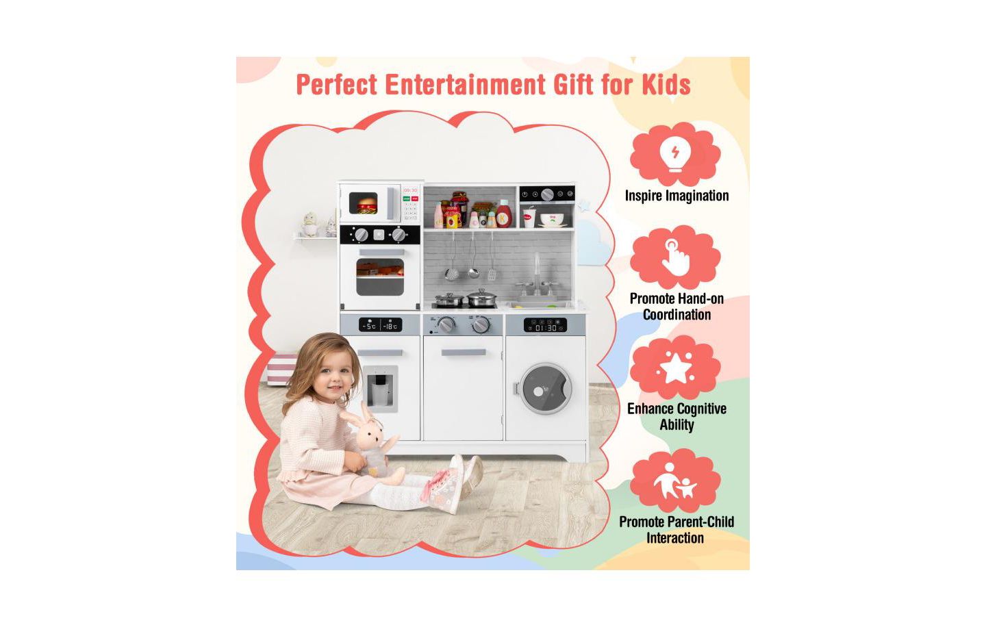 Детские игрушки HONGGE Pretend Play Kitchen Wooden Toy Set with Real Lights and Sounds, цвет: Белый — фото 6