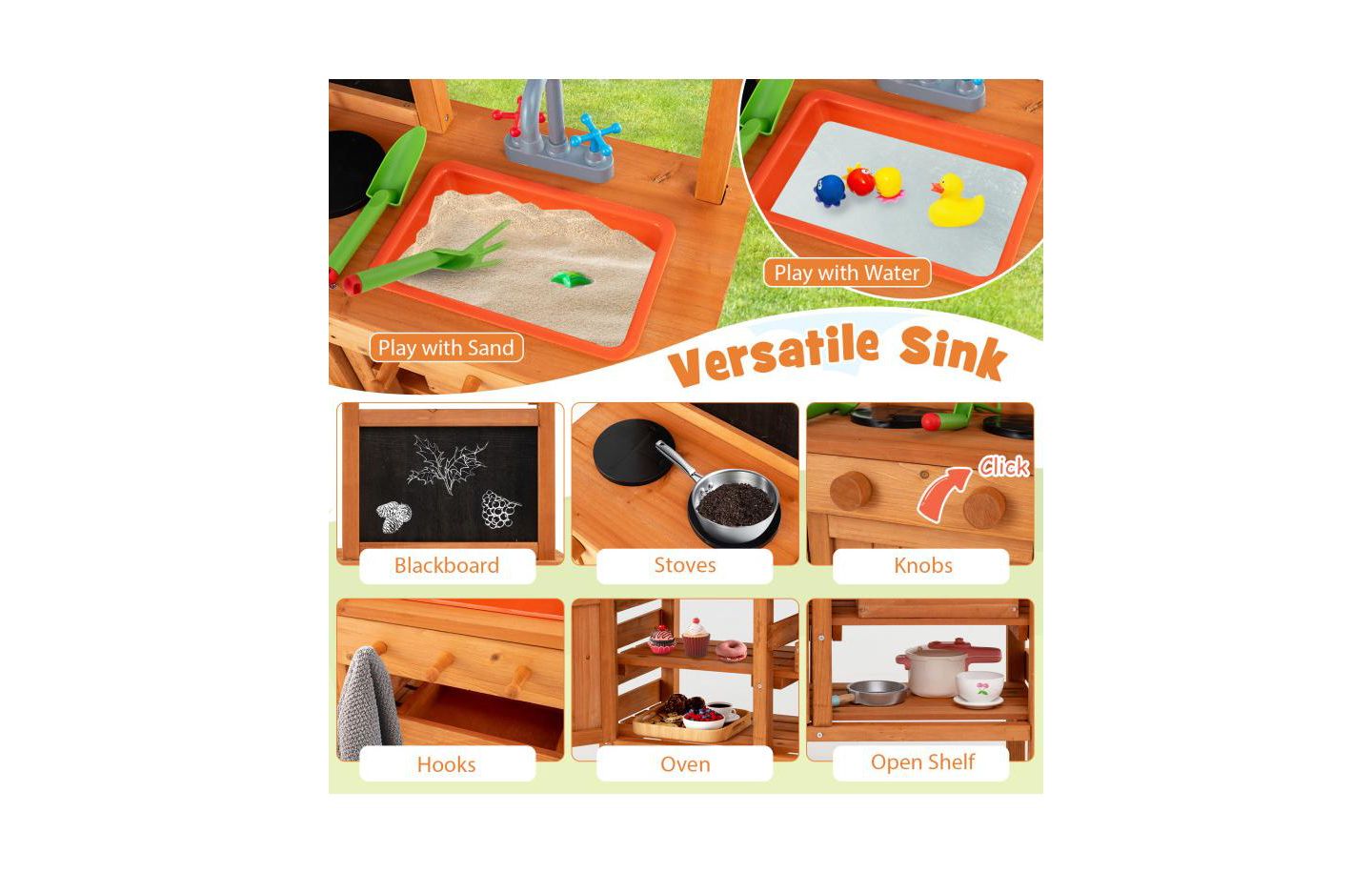 Детская игрушка HONGGE Wooden Adjustable-Canopy Pretend Play Kitchen with Accessories, Ages 3+, цвет: Натуральный — фото 5