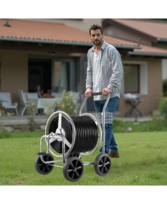 Mobile Steel Hose Reel Cart with Storage Basket Holds Up to 250 ft of Hose