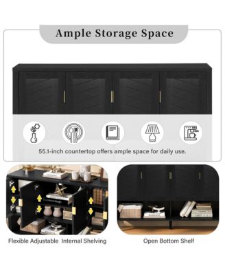 55" Modern Sideboard Buffet Cabinet, 4 Doors Storage Cabinet with Open Shelf, Adjustable Shelves and Double Hooks for Kitchen, Living Room