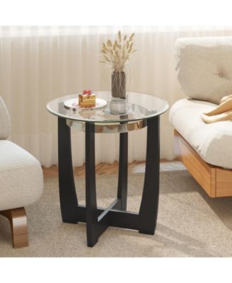 24 in Round Accent Side Table with Tempered Glass Top and Rubber Wood Base