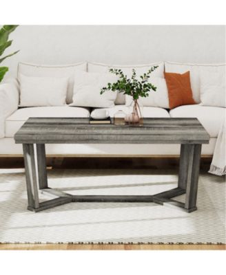 Rectangle Coffee Table with Cross-Shaped Rubber Wood Base