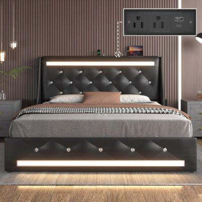 Upholstered Bed w/ Charging Station and Diamond Headboard