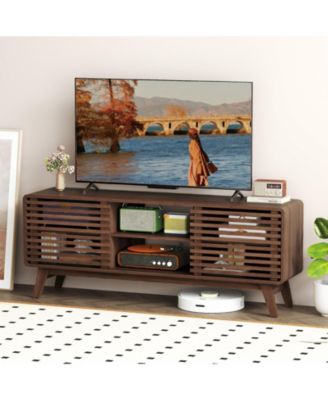 TV Stand for TVs with Sliding Doors and Adjustable Shelves for Living Room-Walnut