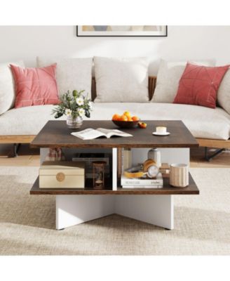 2-Tier Square Coffee Table with 4 Storage Compartments