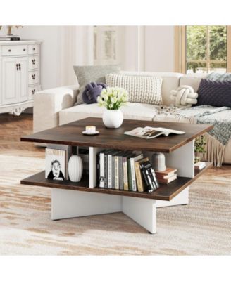 2-Tier Square Coffee Table with 4 Storage Compartments