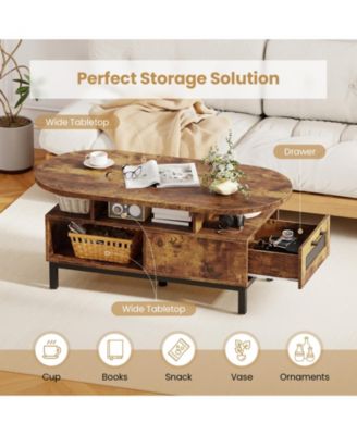 47-Inch Oval Coffee Table with Drawers and Open Compartments