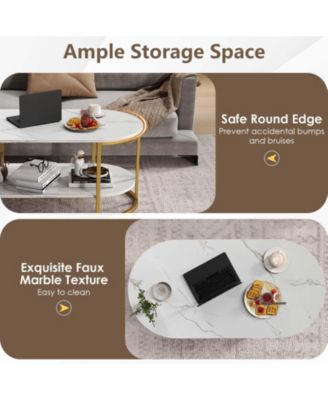 Oval 2-Tier Coffee Table with Open Storage Shelf
