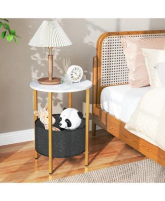 Round 2-Tier End Table with Removable Fabric Basket and Metal Frame, 17.5 in