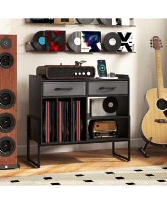 Large Mid-Century Record Player Stand with Charging Station and Vinyl Cabinet, 30 x 14 x 27 in