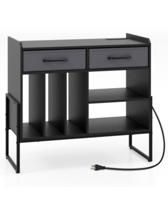 Large Mid-Century Record Player Stand with Charging Station and Vinyl Cabinet, 30 x 14 x 27 in