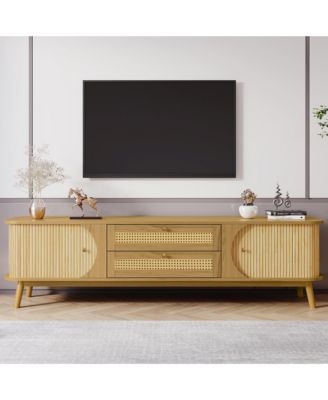 Rattan Media Console for TVs, Modern Farmhouse TV Stand with Tambour Sliding Doors and Drawers for Living Room