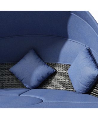 Rat Daybed Patio Furniture Set w/ Adjustable Canopy, Dark