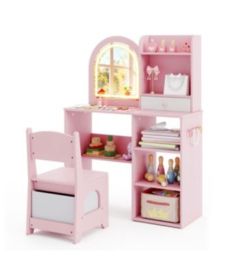 Girls Makeup Vanity Desk Set with Chair and 3-Color LED Mirror