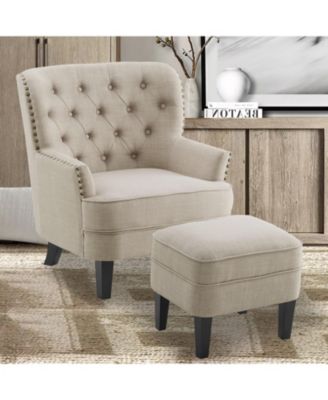 Vintage Button-Tufted Velvet Chair and Ottoman Set with Nailhead Trim and Solid Wood Legs