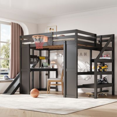 Wooden Loft Bed w/ Desk, Hoop, Slide, Stairs