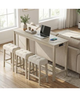 4-Piece Counter Height Bar Table Set with 3 Upholstered Stools and Built-in Charging Station, 59 x 20 x 35.5 in