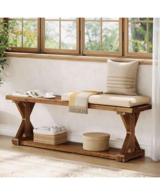 Solid Wood Dining Bench, Rustic Farmhouse Bench for Dining Table, 2-Tier Wooden Storage Seat