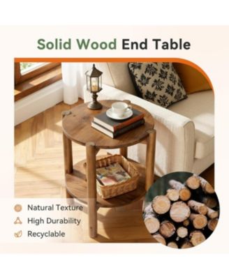2-Tier Solid Wood Round Side Table, Farmhouse Rustic Nightstand, Small End Table