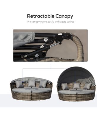 4-Piece Rattan Patio Furniture Set, Round Convertible Daybed or Sunbed with Adjustable Sun Canopy, Sectional Sofa, 2 Chairs, Table, 3 Pillows, Gray