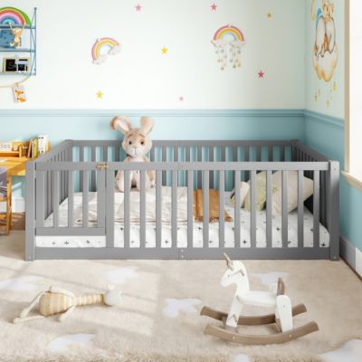 Bed Floor Bed with Safety Guardrails and Door for Kids
