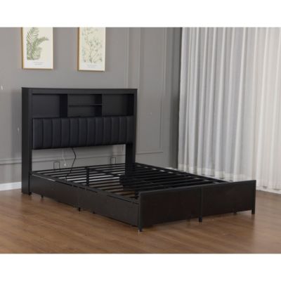 King Bed Frame w/ Storage Headboard, LED, Charging, 4 Drawers, Metal