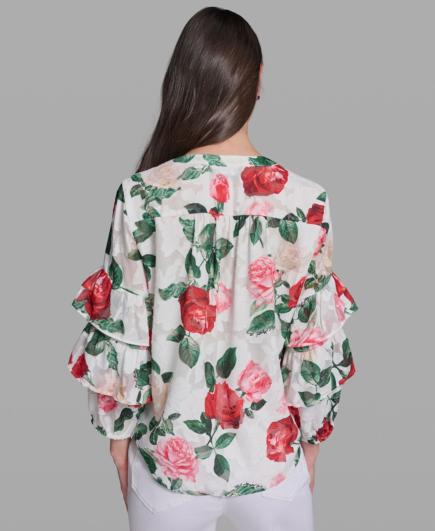 Женская блузка KARL LAGERFELD PARIS Petite Ruffle-Sleeve Rose Print Blouse, цвет: Мягкий белый разноцветный — фото 4