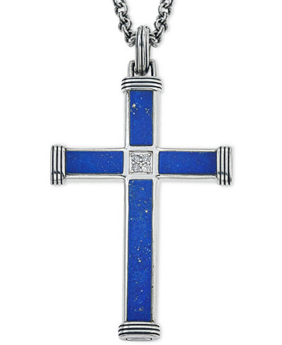 Esquire Men's Jewelry Lapis Lazuli (22-7/8 x 3-3/4mm & 9-1/2 x 3-3/4mm) and Diamond Accent Cross Pendant Necklace in Sterling Silver, Only at Macy's
