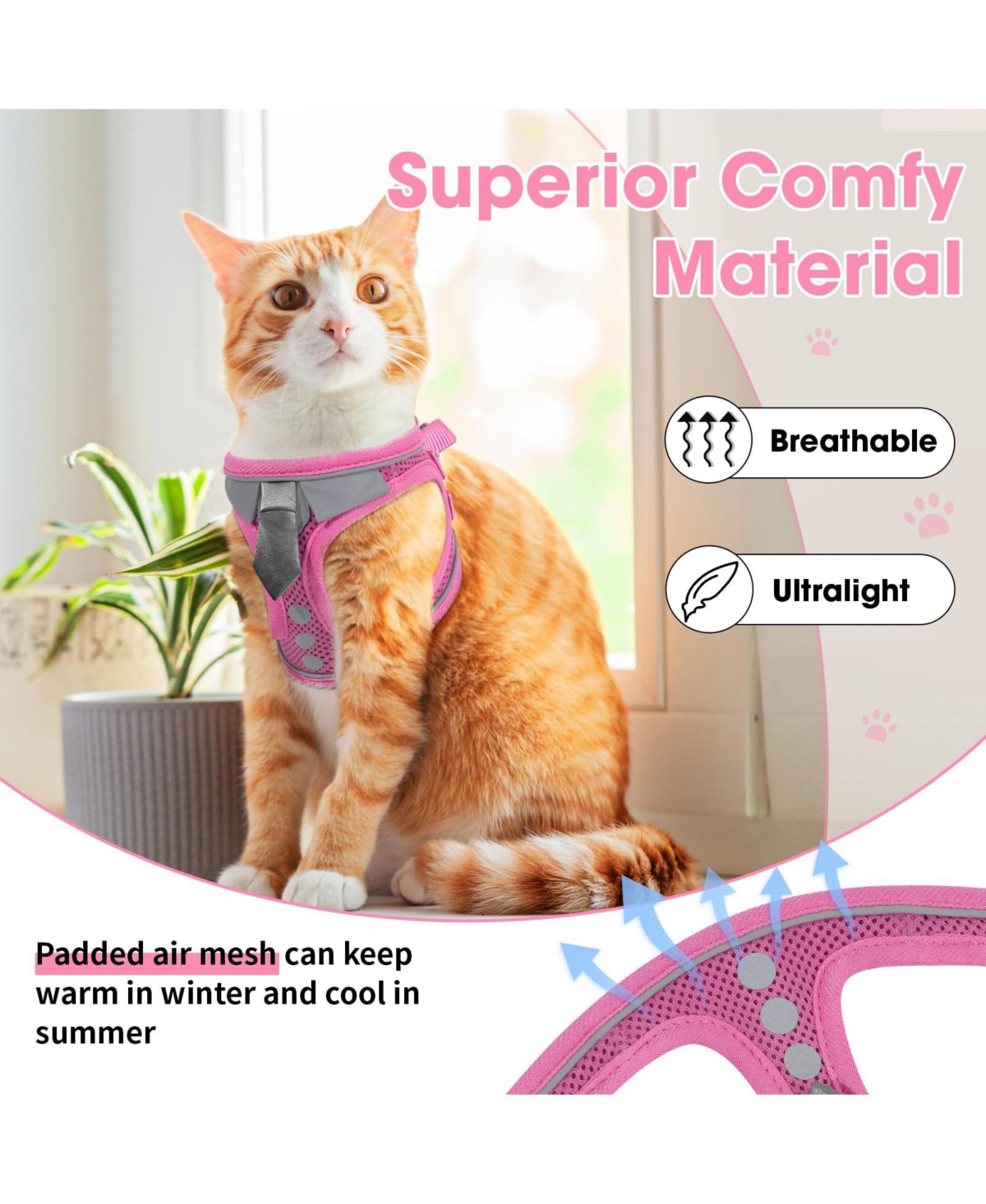 Aronkl Escape Proof Cat Harness Leash Set Soft Adjustable Breathable Mesh Reflective Strips for Kitten Puppy Bunny