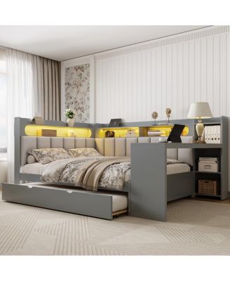 Full Daybed w/Storage, Trundle, Charging, LED, Desk