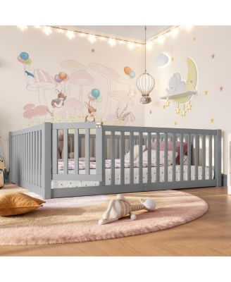 Full Size Bed Floor Bed with Safety Guardrails and Door for Kids