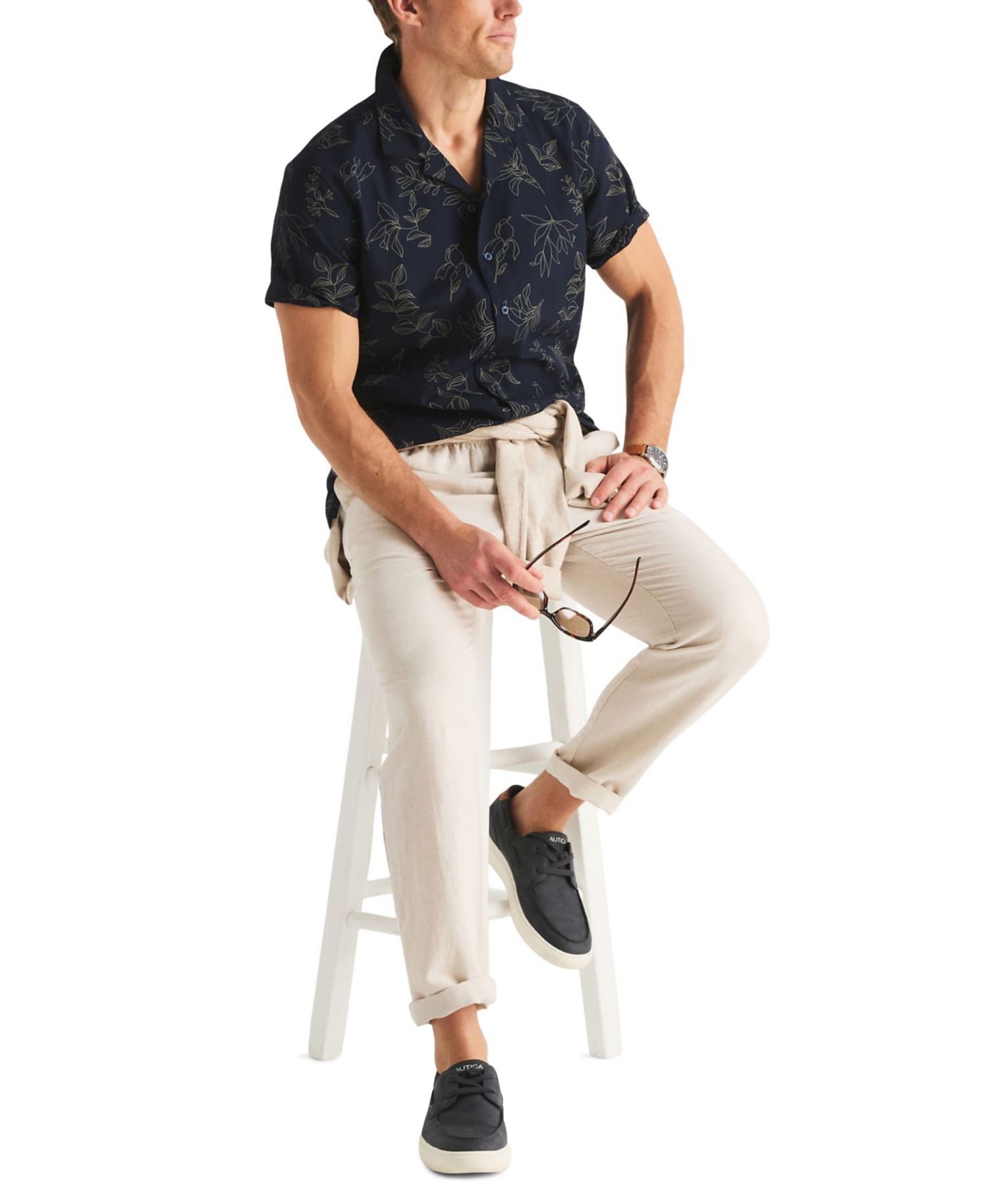 Men's Short-Sleeve Embroidery Camp Collar Shirt