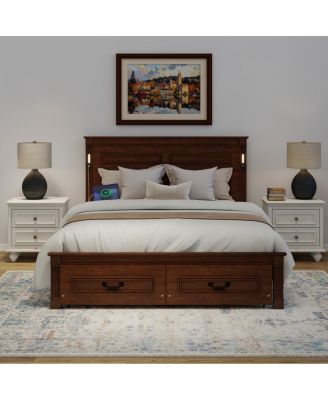 LED Storage Bed w/USB, Walnut Pinewood Frame