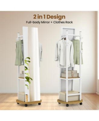 Freestanding Coat Rack with Full-Length Mirror, 3 Hooks and Storage Shelves on Wheels