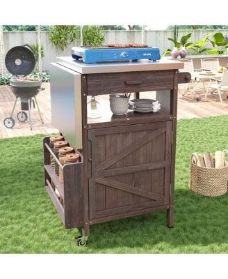 40.5inch Outdoor Grill Cart with Stainless Steel Top, Solid Wood Storage Cabinet with Drop Leaf, Drawer, Towel Rack and Lockable Wheels