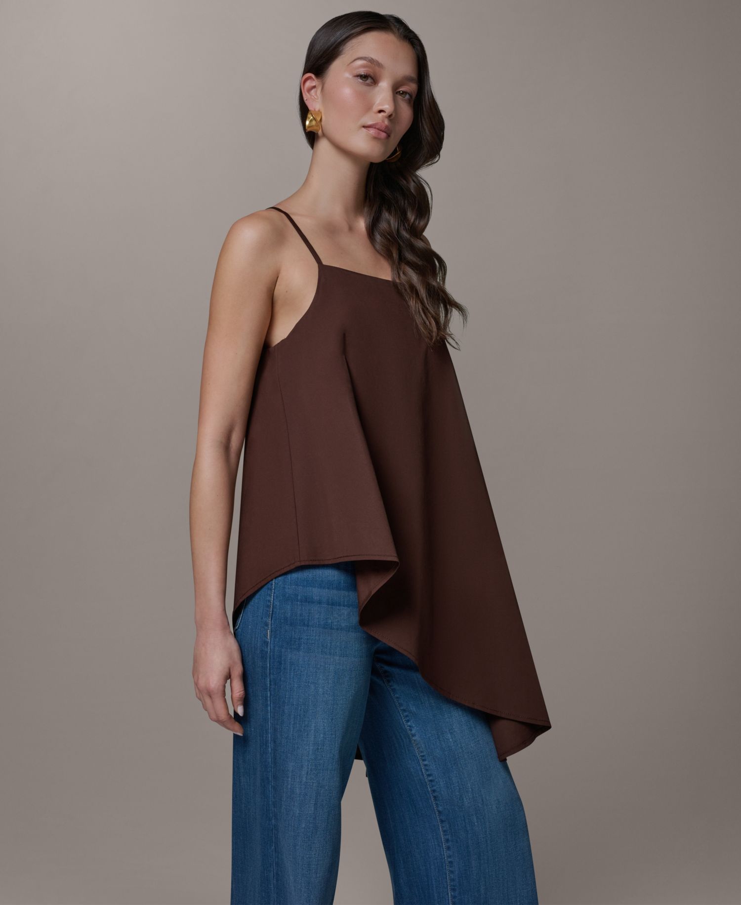 Women's Stretch Poplin Tie-Strap Cami Blouse with Asymmetrical Hem