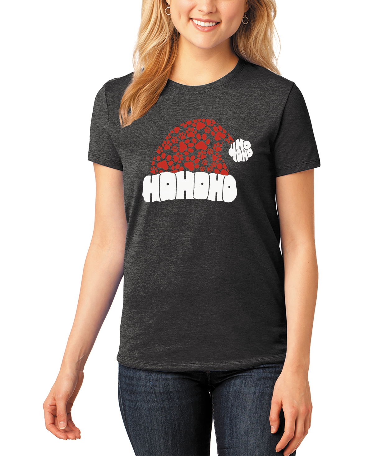 La Pop Art Women's Premium Blend Paw Print Santa Hat Word T-Shirt