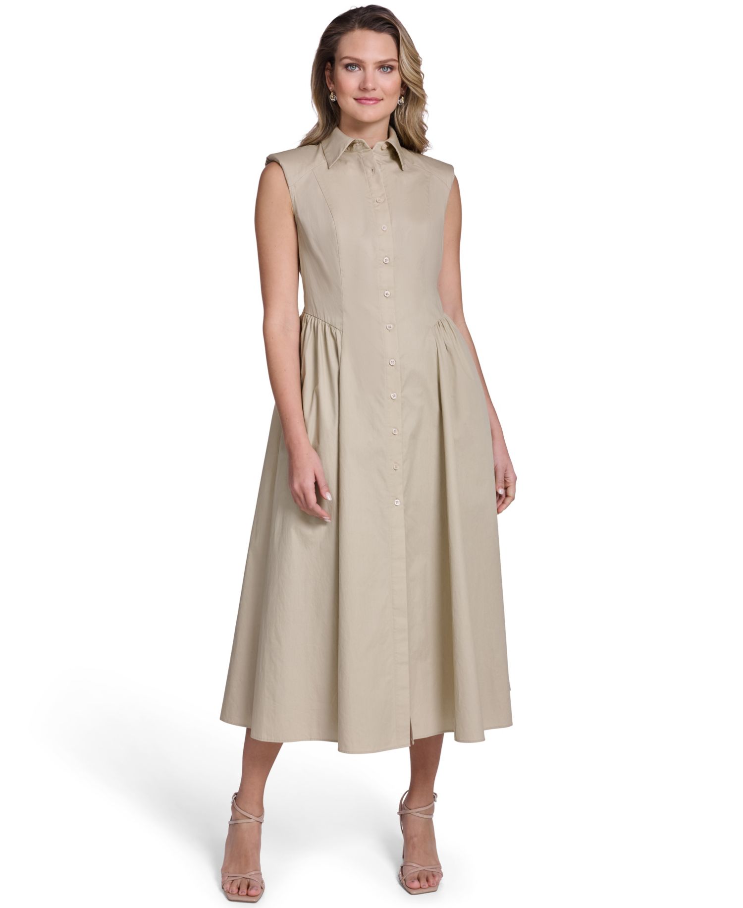 Women's Extended Cap Fit and Flare Seamed Shirt-Dress