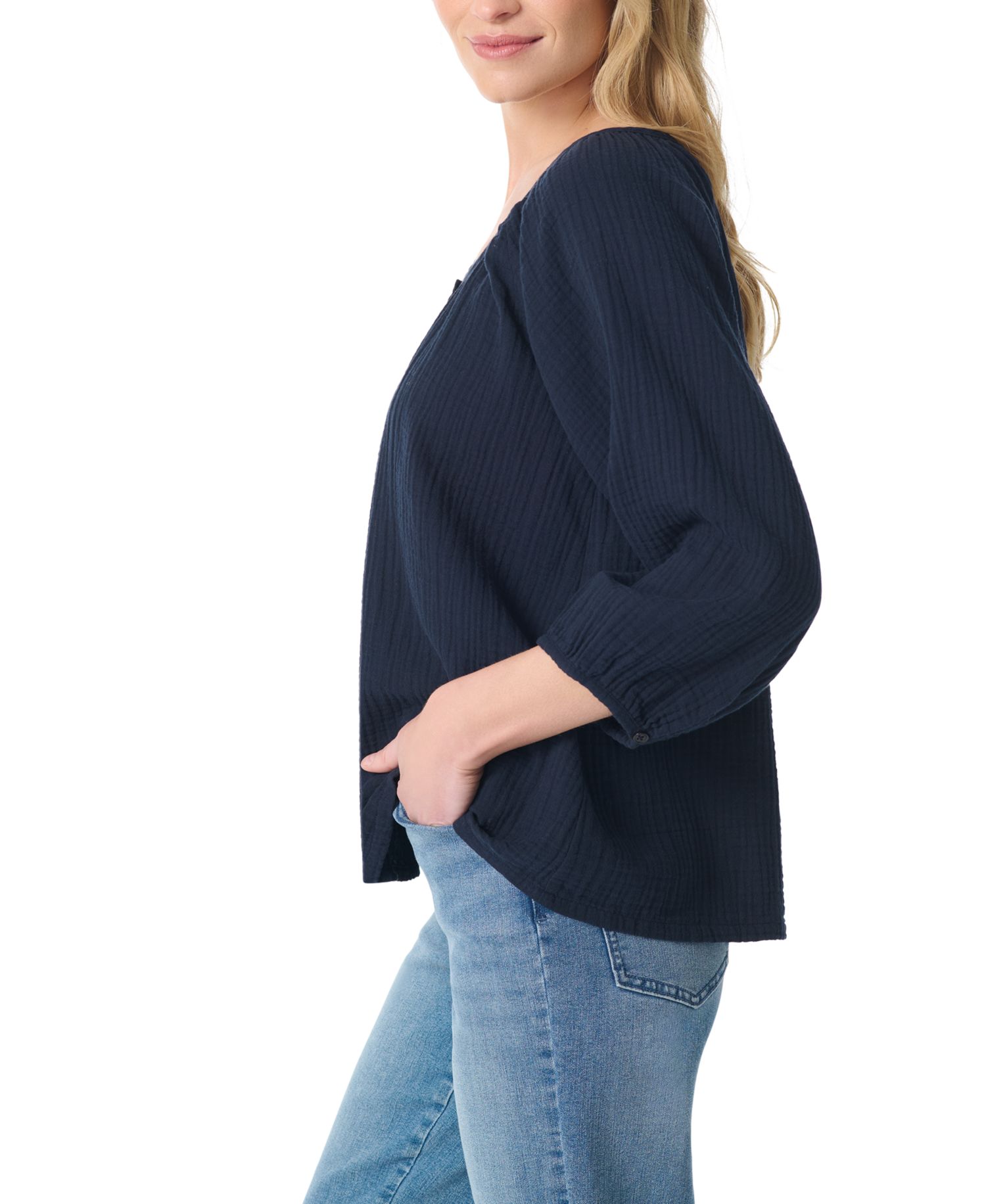 Women's Gauze Round Neck Peasant Top