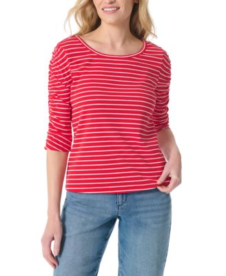 Women's Striped Round Neck Ruched-Sleeve Tunic Top