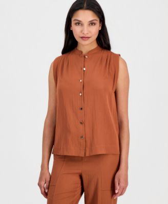 Petite Sleeveless Mandarin-Collar Button-Front Blouse