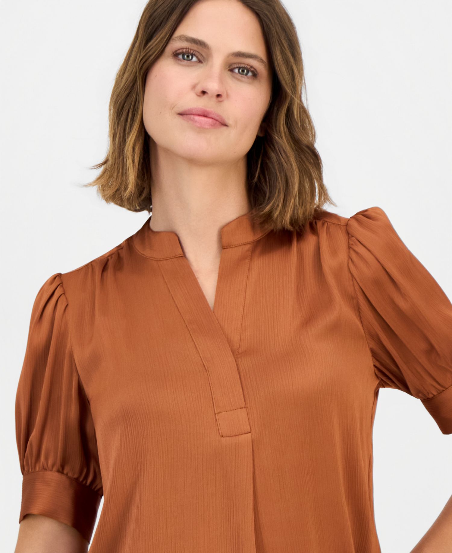 Petite Short Puff-Sleeve Y-Neck Blouse