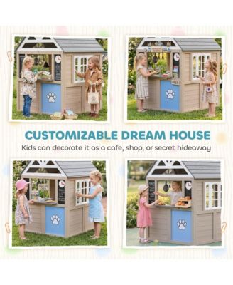 Outdoor Playhouse, Wooden Kids Playhouse with Dog Door, Cookware, Bell