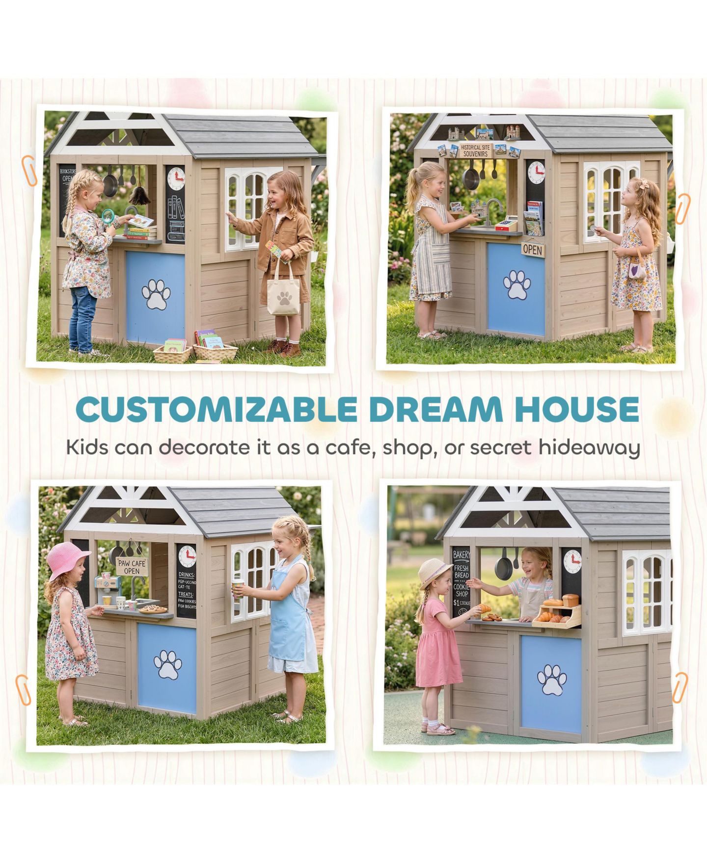 Детские игрушки Qaba Cottage 55.5"L x 44.9"W x 64.6"H Wooden Outdoor Playhouse with Play Stove Set and Dog Door, Fits Up to 4 Kids, Ages 2+, цвет: Серый — фото 6