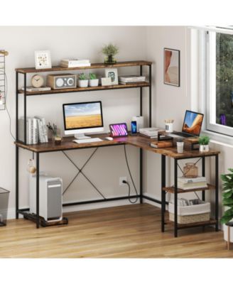 L-Shaped Reversible Gaming Desk with LED Strip and Power Outlets Hutch Monitor Stand