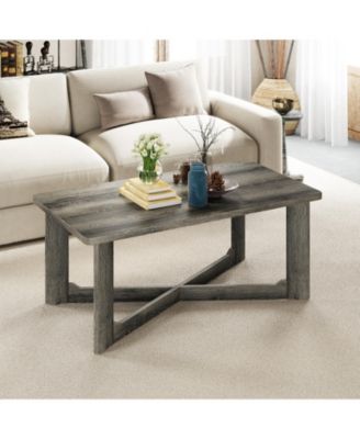 Rectangle Coffee Table Rubber Wood Base with X-Shaped Base-Gray
