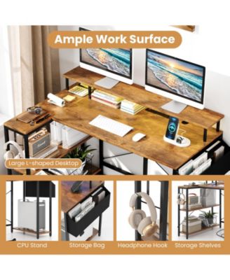 L-Shaped Gaming Desk with LED Lights and Power Outlets-Rustic Brown