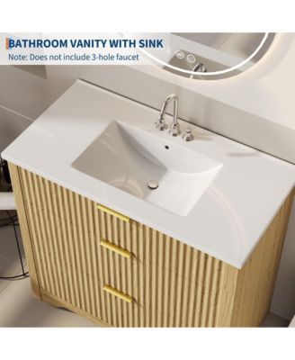 Fluted Bathroom Vanity with Sink, Farmhouse Freestanding Cabinet with 2 Drawers and Flip-Down Drawer, Easy Assembly