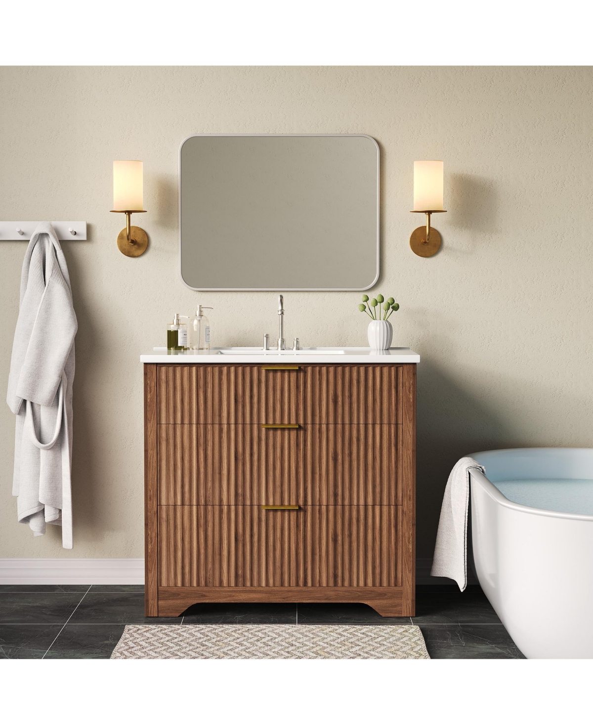 homfan Fluted Bathroom Vanity with Sink, Farmhouse Freestanding Cabinet 2 Drawers and Flip-Down Drawer, Easy Assembly
